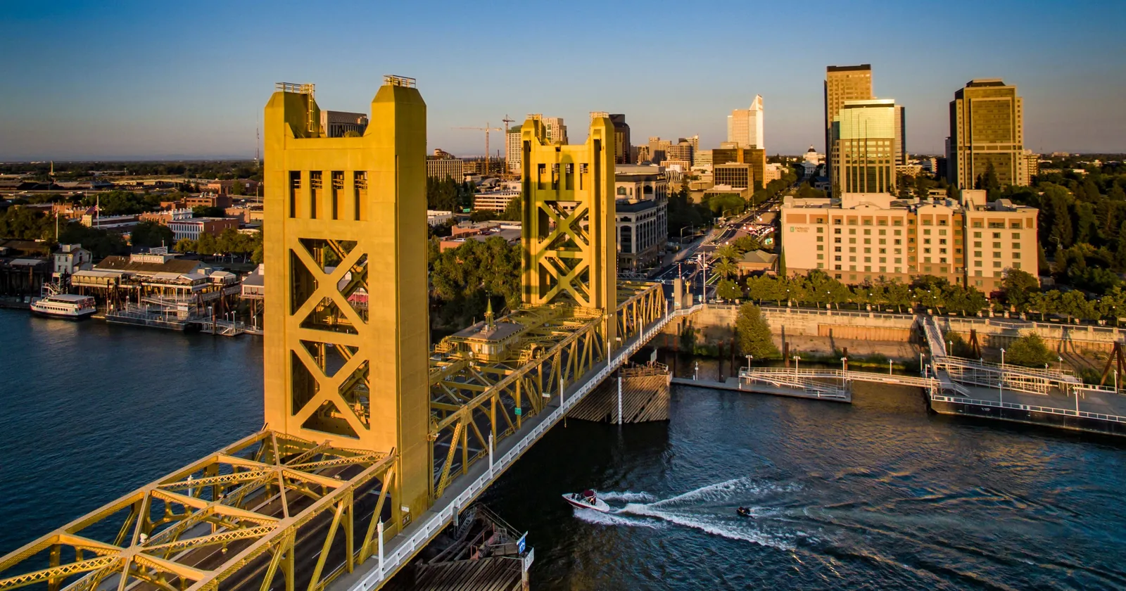 The Tower Bridge and downtown Sacramento at dusk